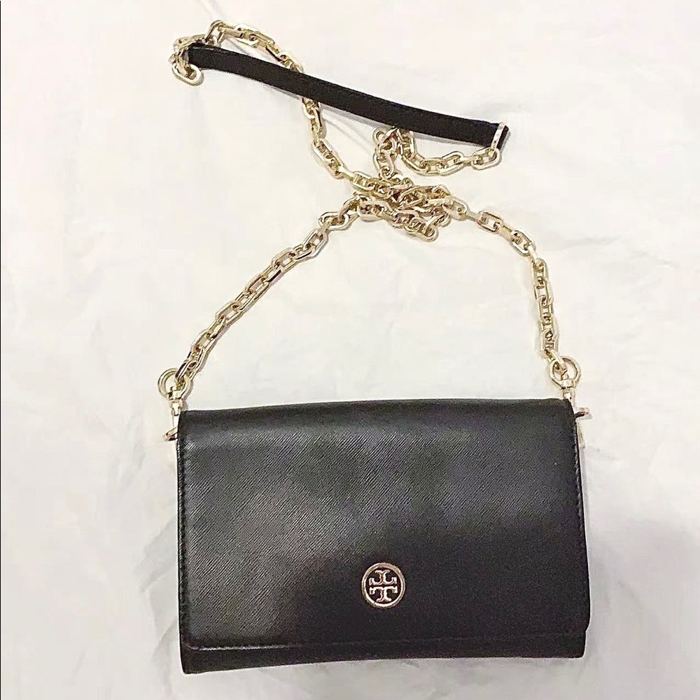 Tory Burch Black Leather Robinson Chain Wallet Crossbody